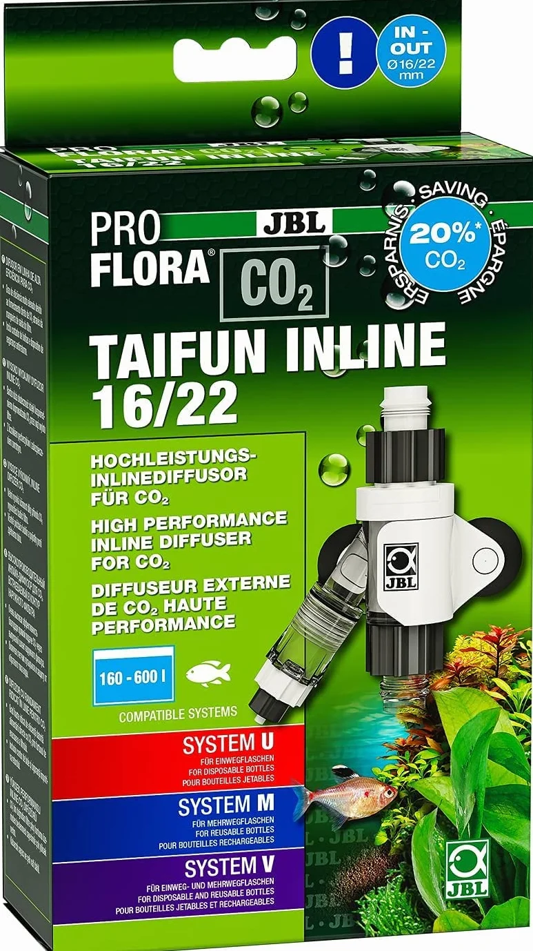 JBL PROFLORA CO2 TAIFUN INLINE 16/22, dyfuzor CO2, zintegrowany licznik pęcherzyków powietrza i ochrona przed przepływem wstecznym, do akwariów 160-600 l