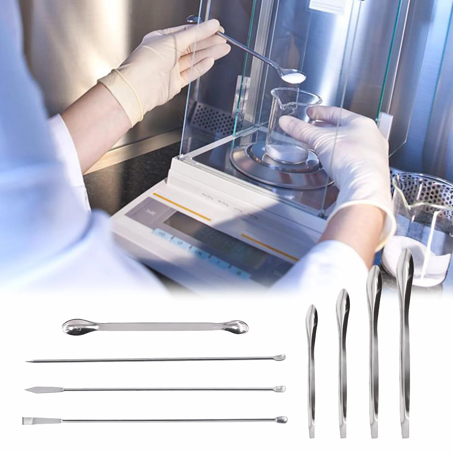 Szpatułki laboratoryjne, 8 szt. łyżki ze stali nierdzewnej, łyżka laboratoryjna, laboratoryjna mikro łyżka, łyżka laboratoryjna, łyżka laboratoryjna, do próbkowania proszków laboratoryjnych