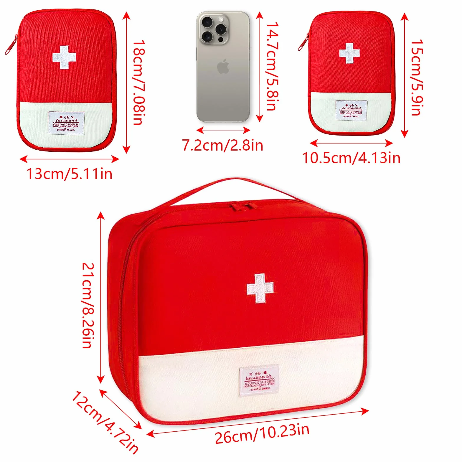 Apteczka podróżna pusta 3 sztuki torba na lekarstwa czerwona 15x10,5x2