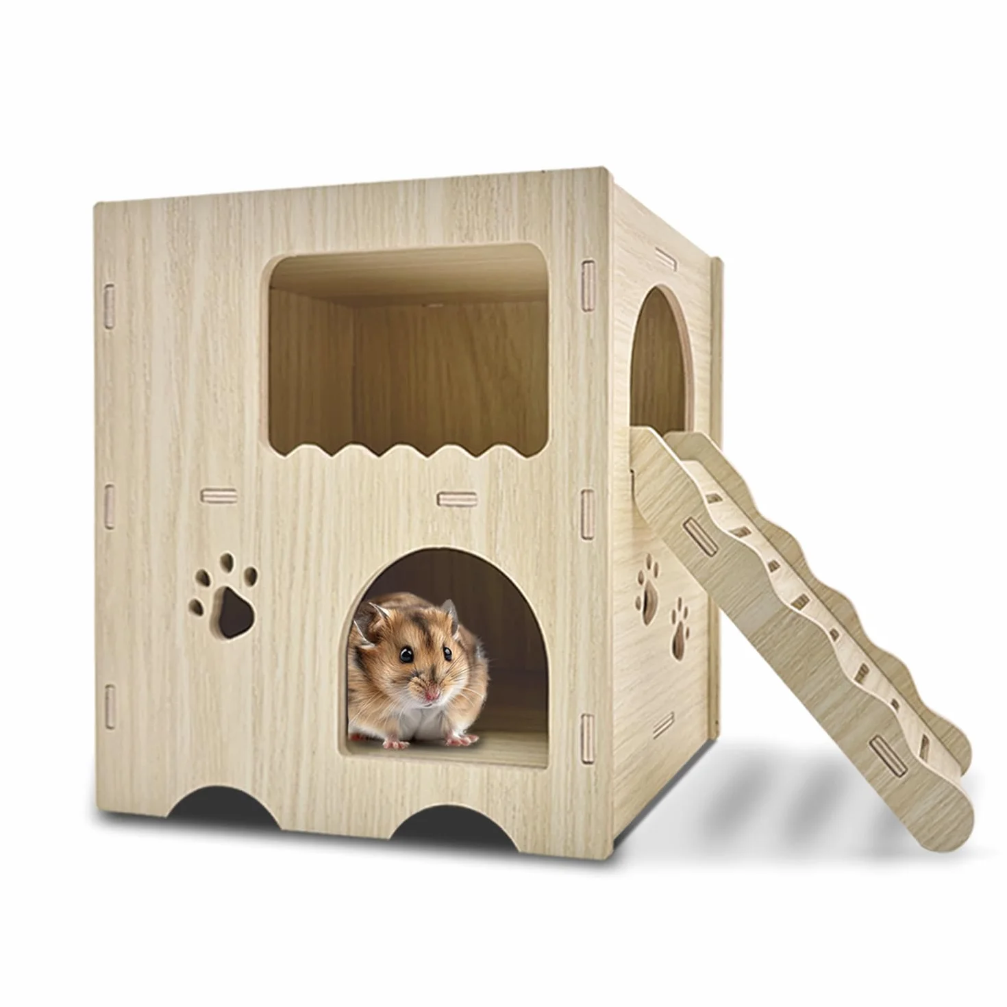 Domek dla chomików, drewniany domek wielokomorowy, plac zabaw, 2 piętra z drabiną, domek dla chomika karłowatego, myszki wyścigowe, złoty chomik, 20 x 14 x 21 cm