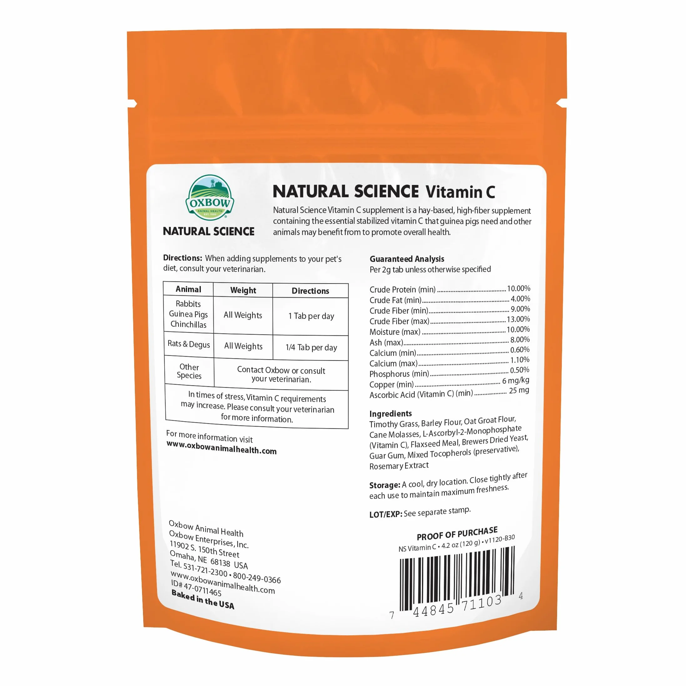 Oxbow Natural Science 60ct Witamina C Suplement Małe zwierzę Gerbil chomik