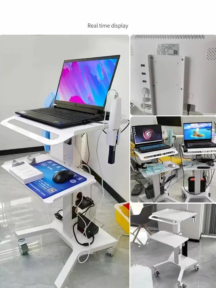Wózek medyczny z uchwytem na monitor i uchwytem na skaner do jamy ustnej - mobilny wózek narzędziowy z kółkami, dwuwarstwową konstrukcją do użytku w pielęgniarstwie i salonach kosmetycznych