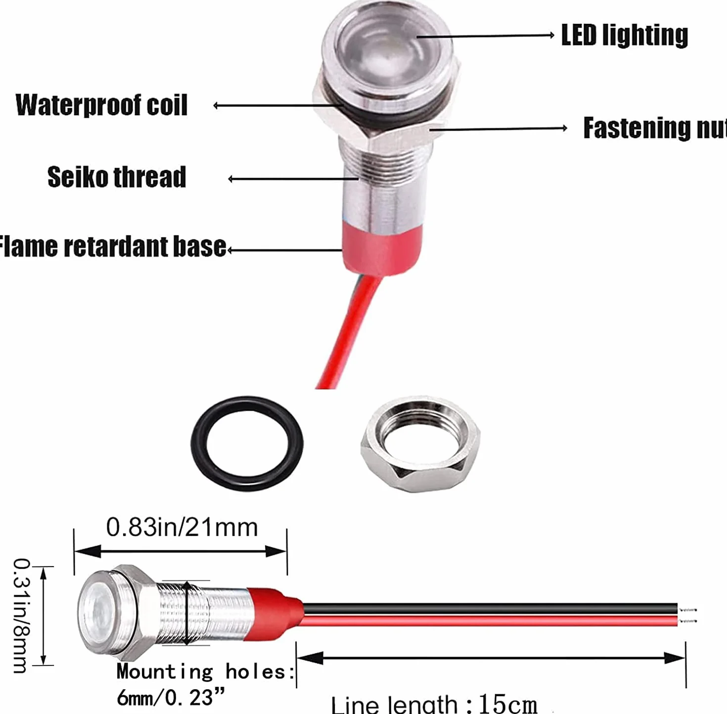 Gebildet 10 Sztuk 6mm 1/4" AC/DC 12-24V Led Metalowy Wskaźnik Świetlny Wodoodporna Lampka Sygnalizacyjna Pilot Dash Kierunkowa Z Przewodem (Biały)