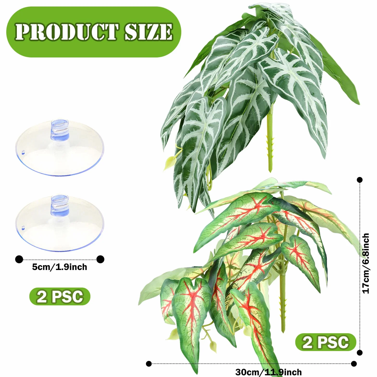 QUOZUO 2 sztuki Sztuczne rośliny do terrarium, sztuczne liście do dekoracji terrarium z przyssawkami, wiszące rośliny pnącza do terrarium dla brodawczaków, jaszczurek, węży, geko, żab