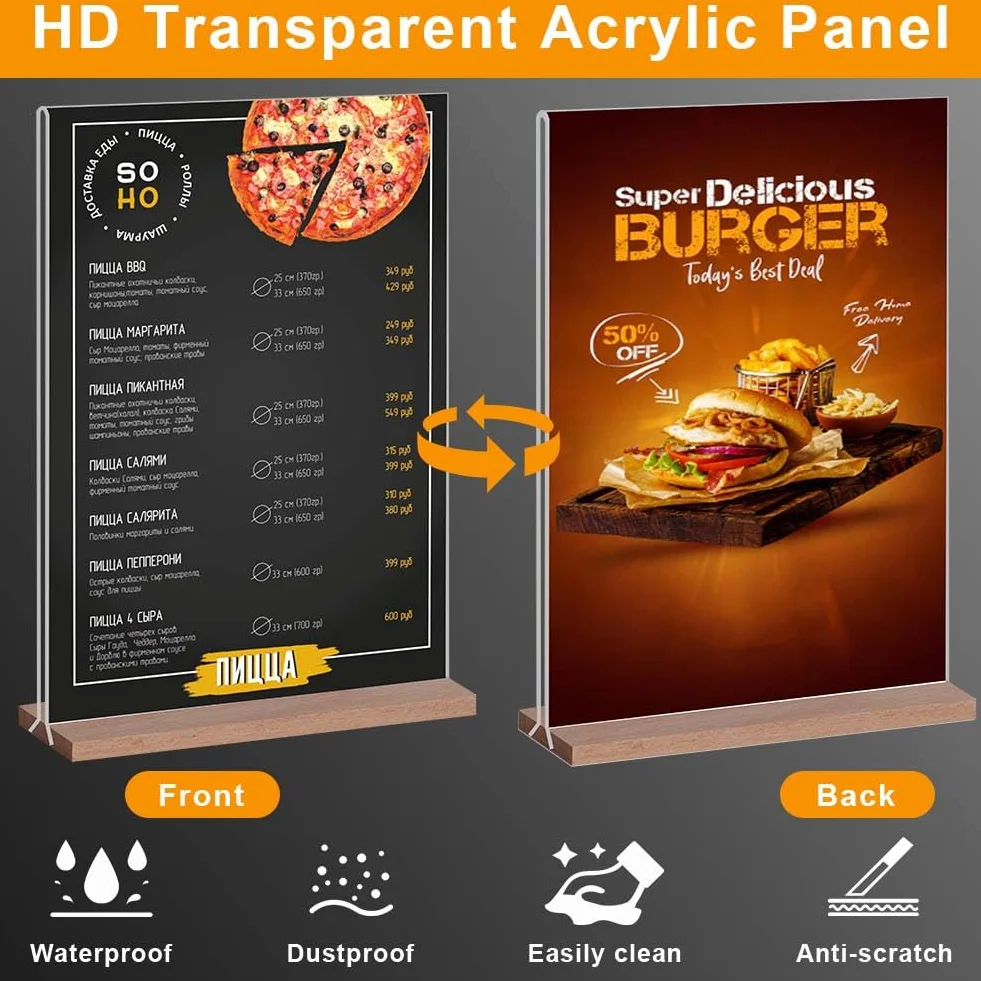 OFFCUP Akrylowy uchwyt na znak A4, 2 szt. uchwyt na menu plakatu, stojak ekspozycyjny w kształcie litery T, drewniana podstawa, dwustronne stojaki ekspozycyjne do restauracji, hotelu, promocji, zdjęć