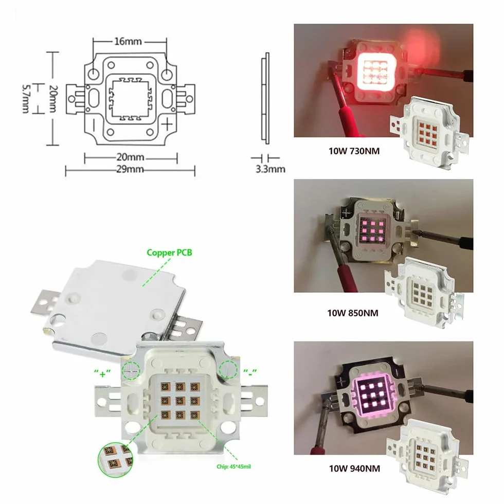 10 W podczerwień IR 730 nm LED chip 900 mA DC 5 V-6 V SMD COB, emiter światła