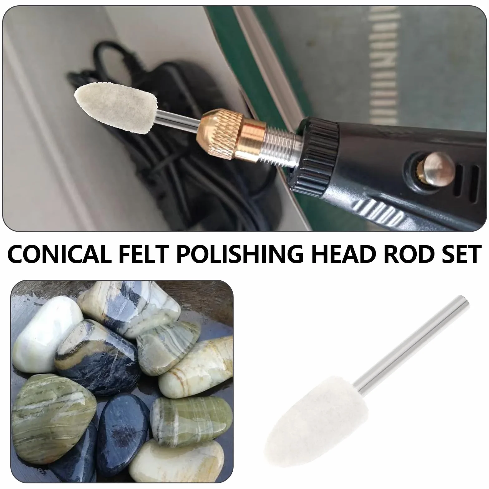Create idea Zestaw 41 szt. filcowych końcówek polerskich, 10 x 20 mm, stożkowa filcowa głowica polerska z drążkiem 3,17 mm do metalu, kamienia, szkła, ceramiki, polerowania, narzędzie obrotowe, białe