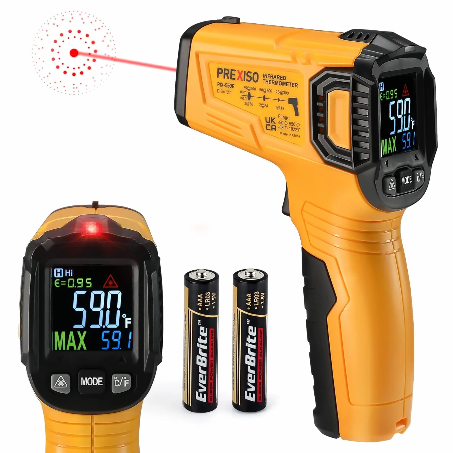 PREXISO Termometr na podczerwień laserowy -50°C do 550°C bezdotykowy pirometr IR LCD