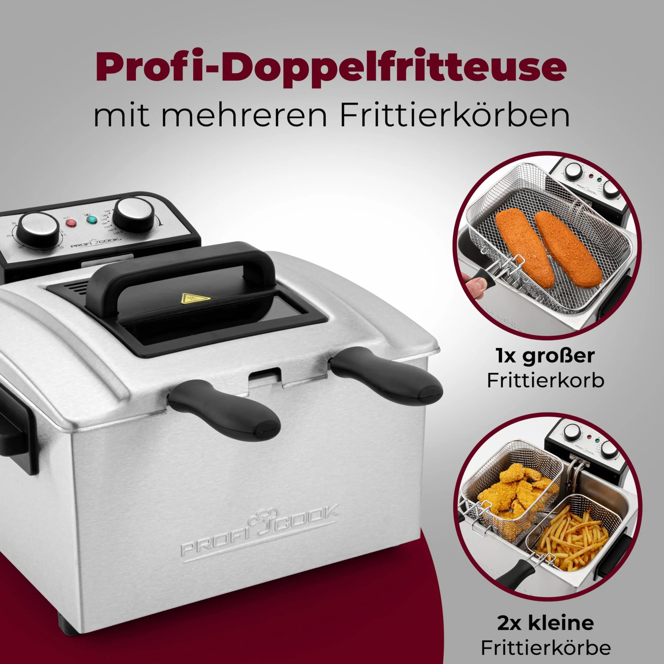Profi Cook FR1038 Frytkownica, Stal Nierdzewna, 3000 W, 5 L, Srebrny/Czarny
