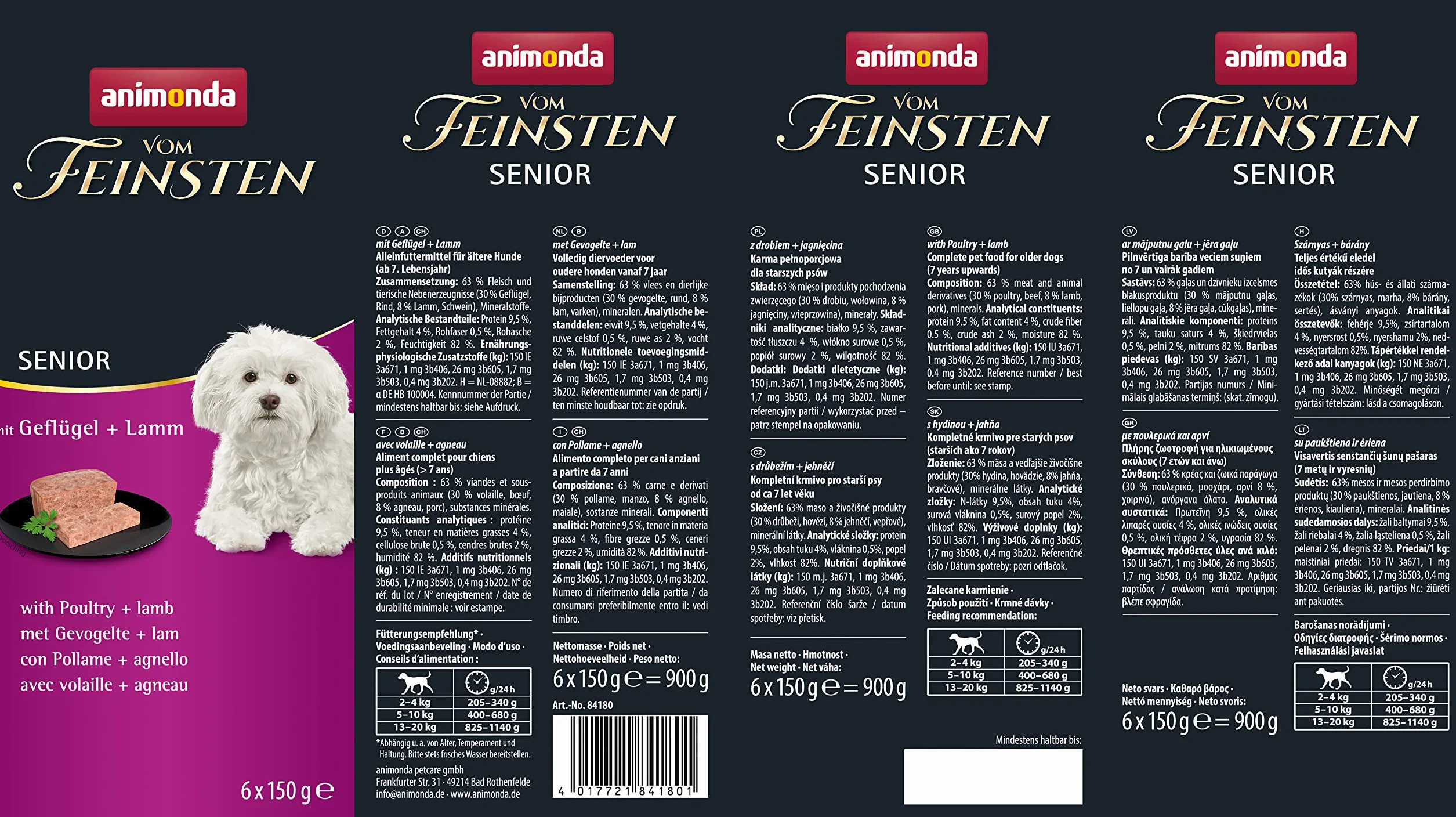 Animonda vom Feinsten Senior karma dla psów mokra z drobiem i jagnięciną 6 x 150 g