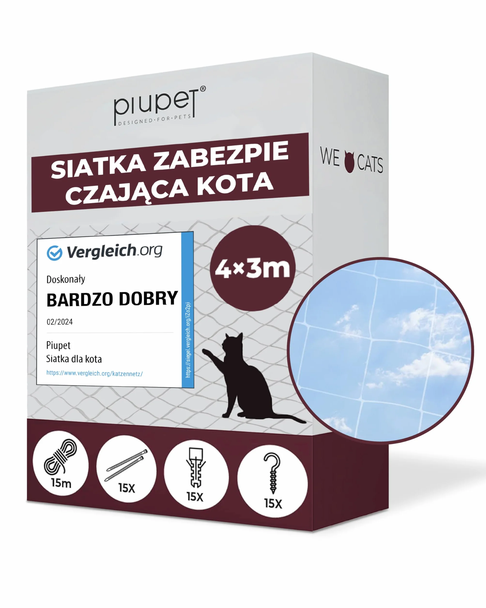 PiuPet® Siatka dla kota I 4 x 3 m, przezroczysta, wraz z materiałem montażowym, siatka dla kota na balkon, ochrona przed kotami, siatka balkonowa, idealna do nieograniczonej widoczności