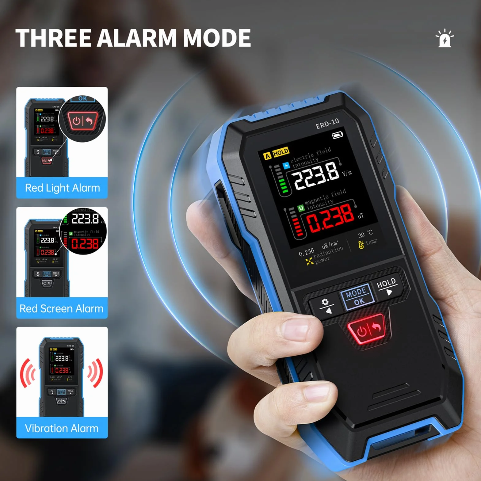 EMF miernik smogu elektromagnetycznego 3 w 1, miernik promieniowania EF MF RF, automatyczny alarm w przypadku przekroczenia normy, kolorowy ekran TFT do domu, biura i pokoju dziecięcego.