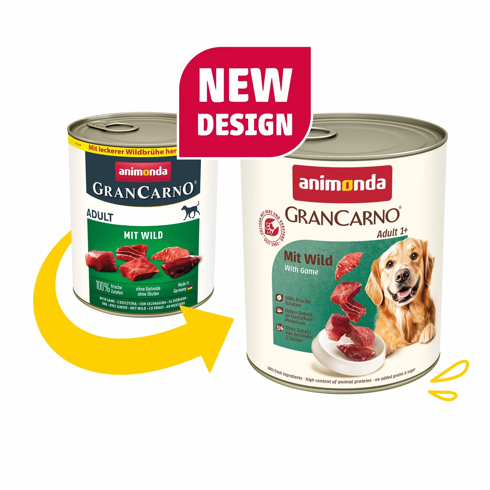 GranCarno Mokra karma dla psów z dziczyzną (6 x 800 g), mokra karma dla psów bez zbóż i cukru, dla dorosłych psów, ze świeżymi mięsistymi składnikami