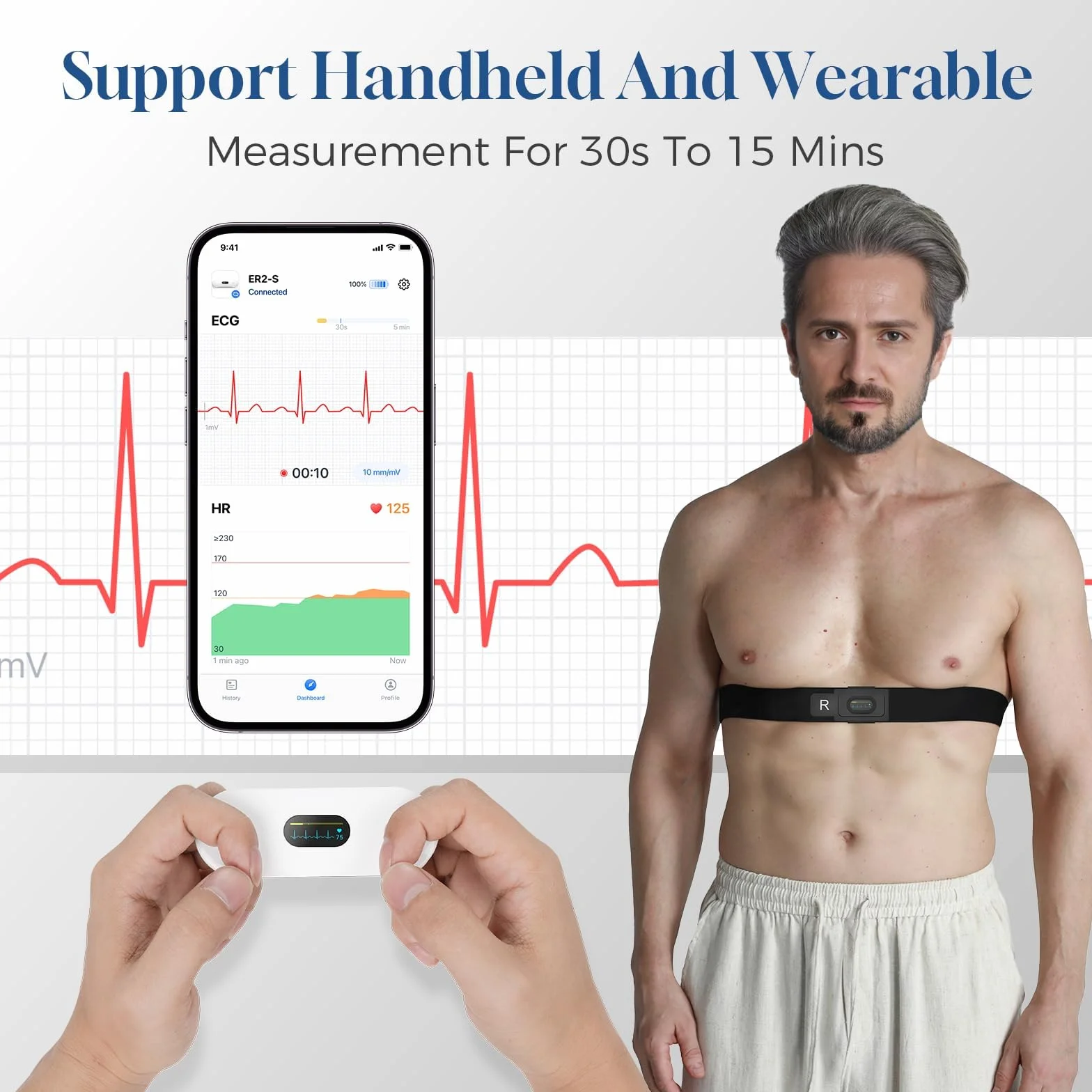 CheckMe DuoEK-S urządzenie EKG z analizą raportów EKG do domu, monitorowanie 30-5 min, bezprzewodowy przenośny monitor EKG Bluetooth z aplikacją do iOS i Android