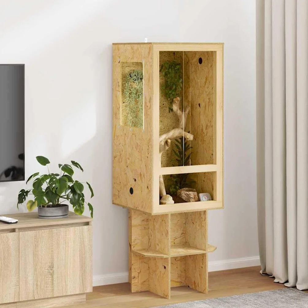 Terrarium brązowe OSB 50 x 50 x 100 cm z termometrem, szklana skrzynka dla gadów i płazów, wybieg wiwarium z wentylacją, drzwi przesuwne, wszechstronne do terrarium pustynnego i deszczowego