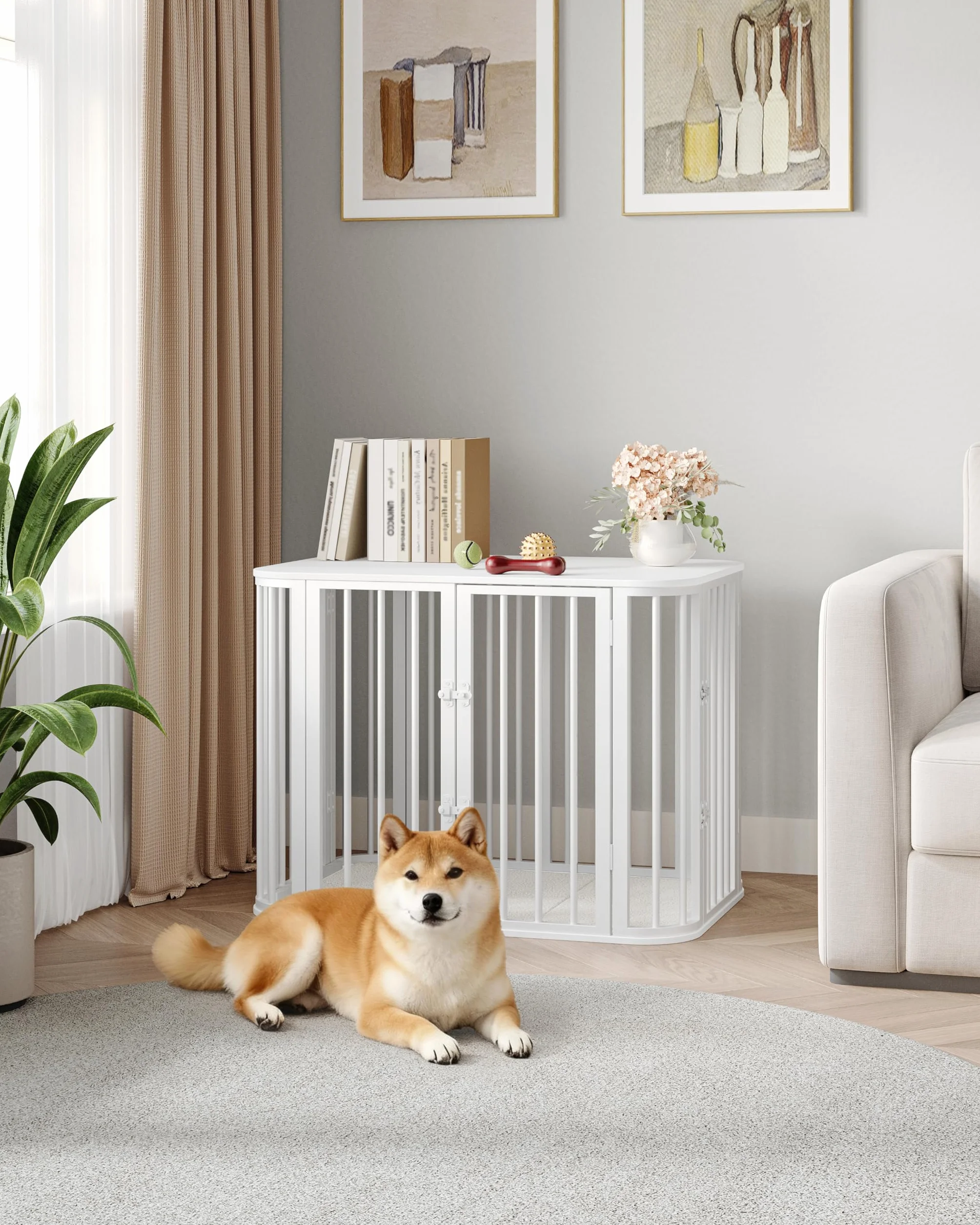 Hzuaneri Mebel klatka dla psa, klatka dla psa do użytku wewnętrznego z poduszką, nowoczesny design z trzema drzwiami, stolik pomocniczy z drewna, nadaje się dla małych i średnich psów, 80 x 55 x 61,5