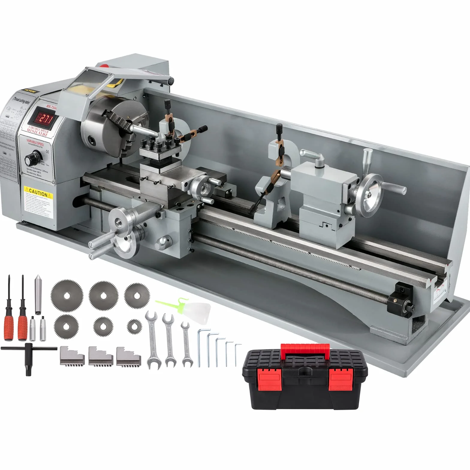 VEVOR Precyzyjna tokarka do metalu 750 W, 220 x 750 mm Mini tokarka do drewna o zmiennej prędkości 50-2250 ± 10% obr/min Profesjonalna tokarka elektroniczna, regulowana tokarka do wiercenia w