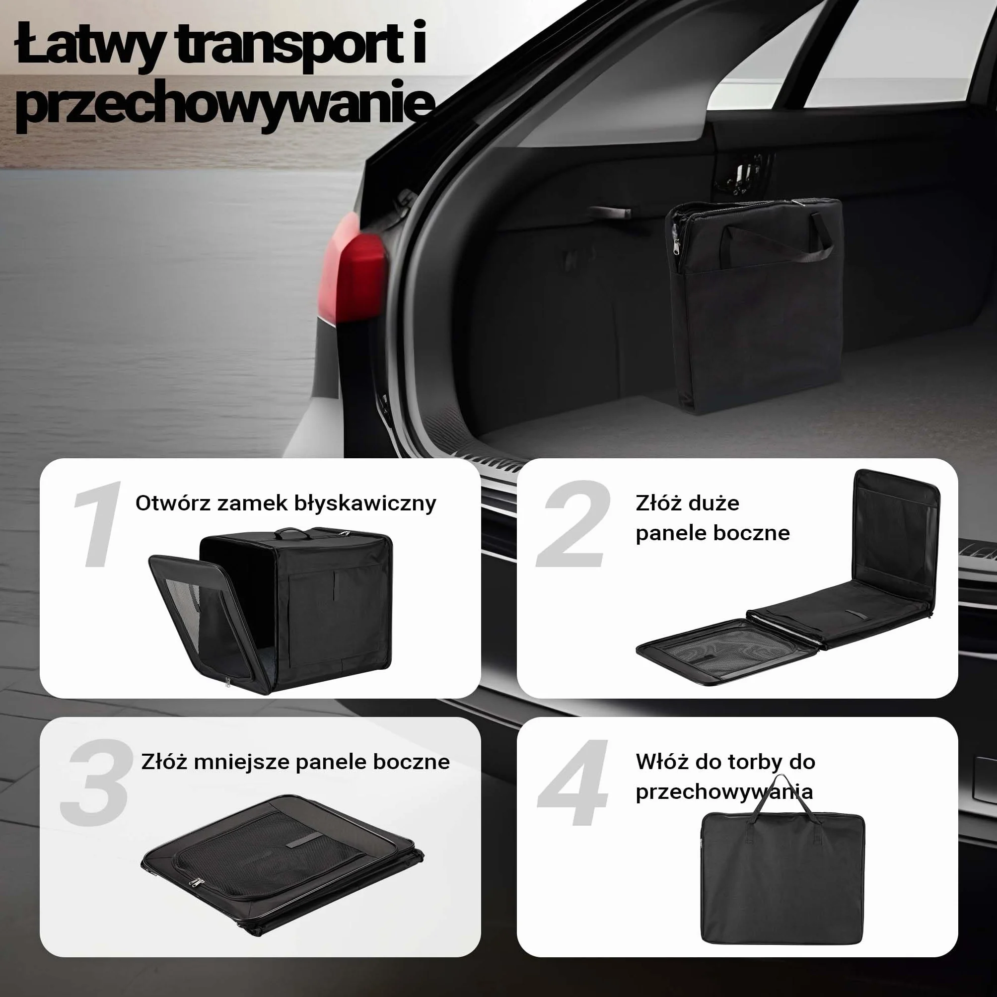 Wiltec Składany transporter dla psa i kota XL (94x66x74 cm), klatka transportowa z poduszką, lekka torba do samochodu dla zwierząt do max. 20 kg