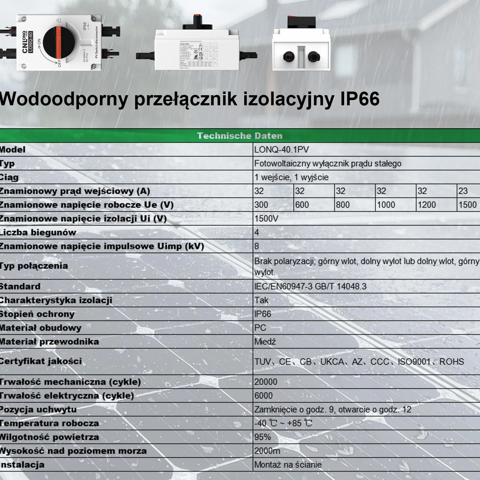Fotowoltaiczny Wyłącznik Izolacyjny DC1200V 32A Odłącznik 1 Wejścia, 1 Wyjścia Stopień Wodoodporności IP66 Odpowiedni do Systemów Solarnych, Kamperów I Dachowych Systemów PV