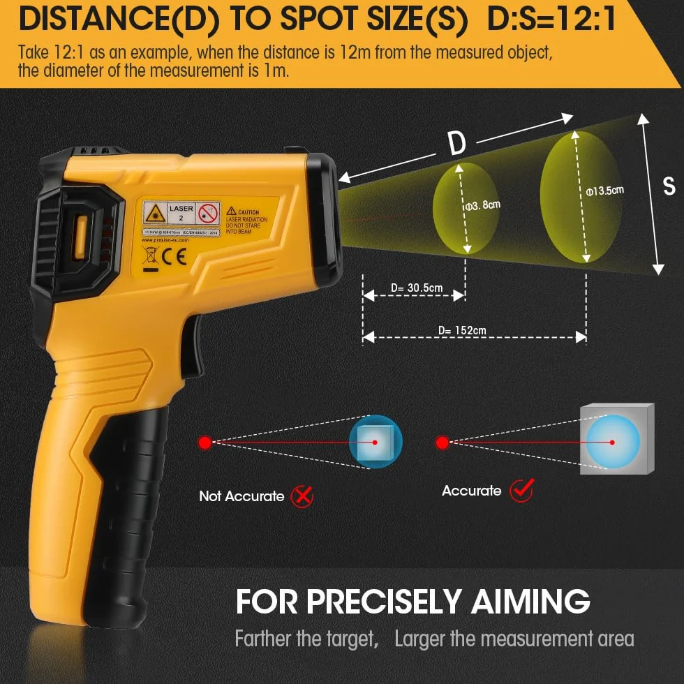 PREXISO Termometr na podczerwień laserowy -50°C do 550°C bezdotykowy pirometr IR LCD