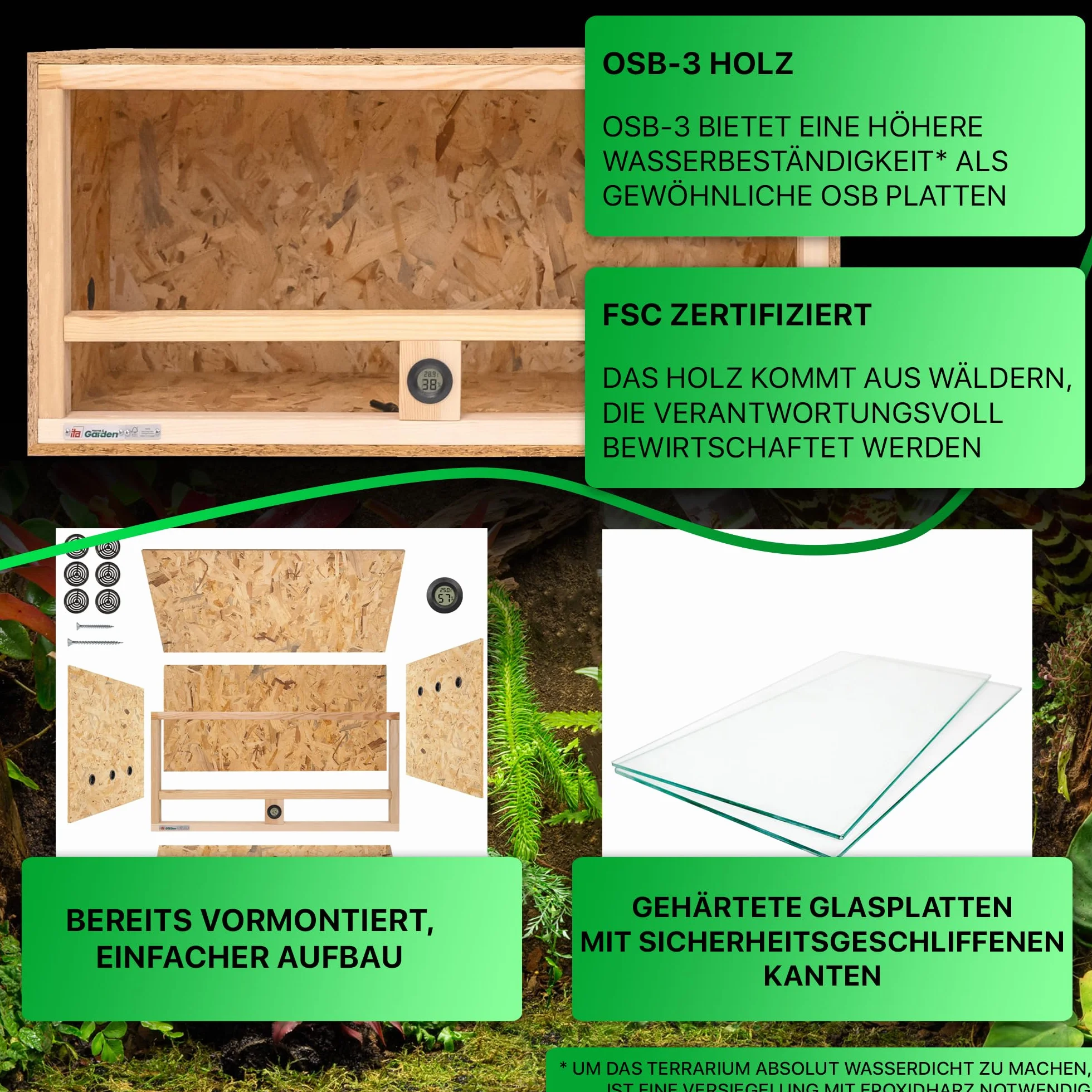 Terrarium z drewna 80x40x40 cm z wentylacją boczną i wbudowanym higrometrem, terrarium z drewna OSB3, dla gadów, węży, płazów, produkt UE, certyfikat FSC