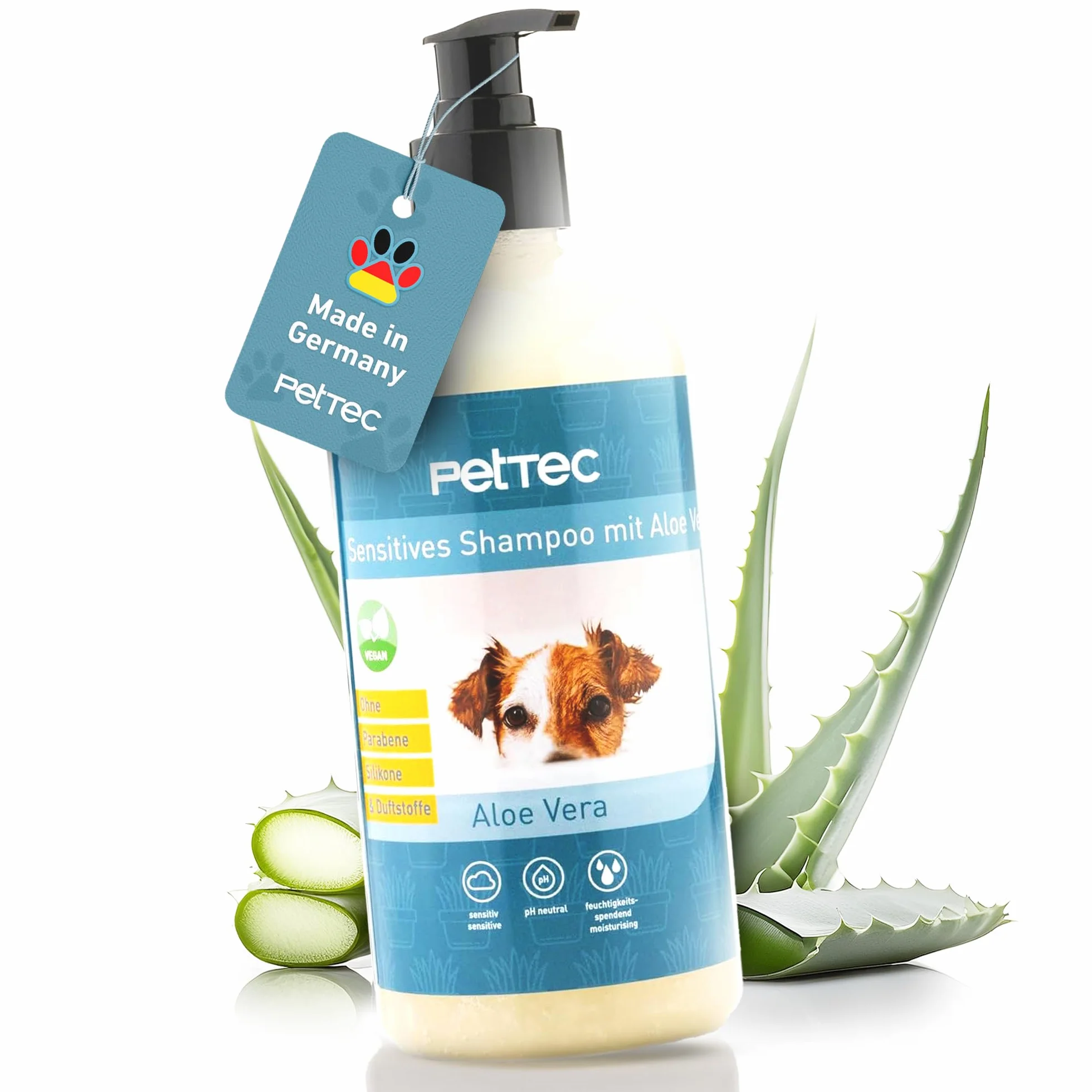 PetTec - Szampon dla psów wrażliwy z aloesem 500 ml butelka z pompką - neutralny pH (7) i natłuszczający szampon dla wszystkich ras psów - pielęgnacja sierści psa bez parabenów, silikonu i substancji