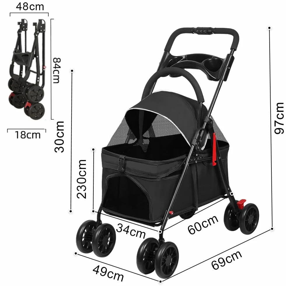 Homewell Składany wózek dla psa, wózek dla psa z szelkami, zdejmowany kosz i uchwyt na kubek, wózek podróżny, kosz dla zwierząt, do 20 kg (czarny)