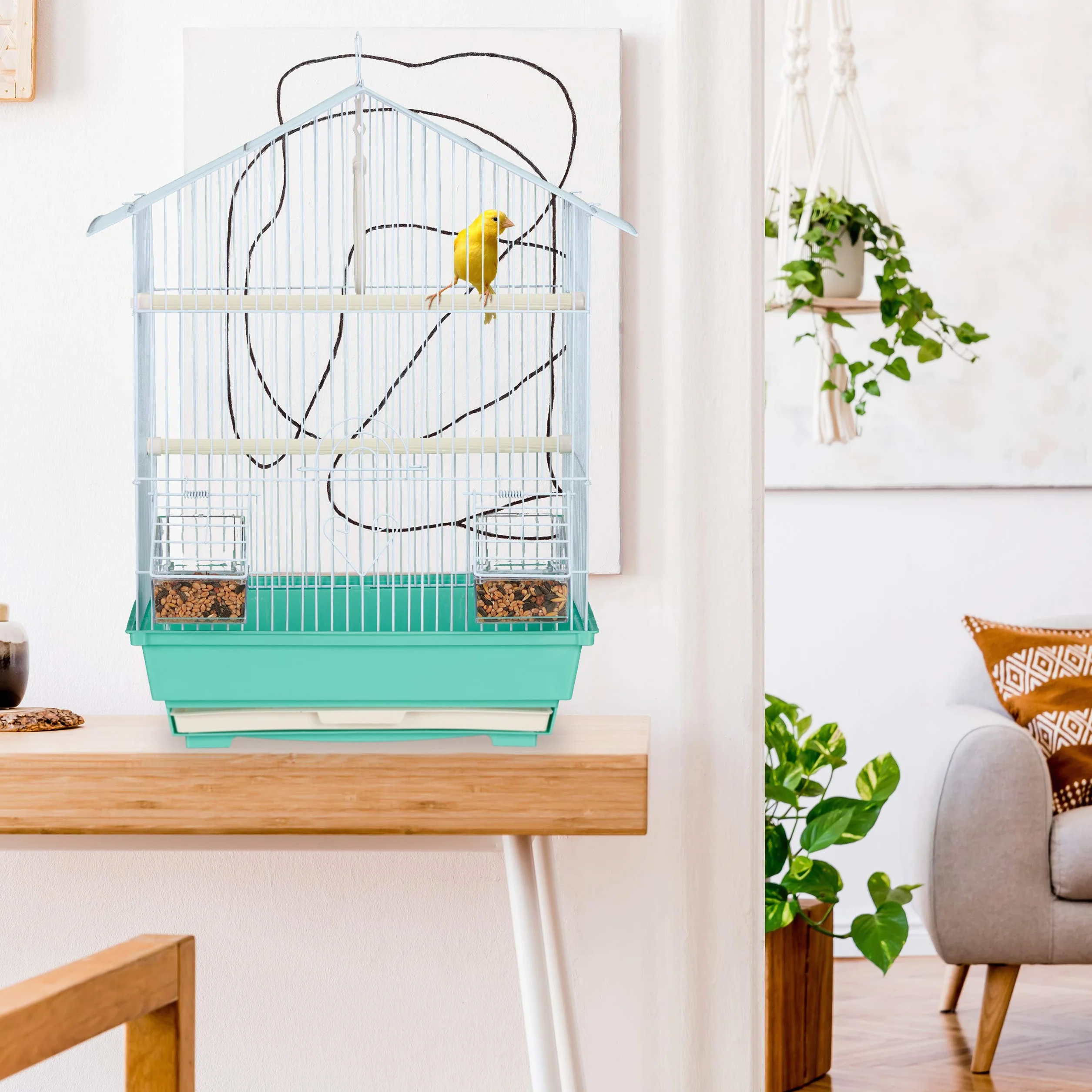 Relaxdays Bird Cage klatka dla ptaków kanarków, drążki do siedzenia i miski na karmę, wys. x szer. x gł.: 49 x 39,5 x 32 cm, jasnoniebieska/miętowa zieleń, tworzywo sztuczne