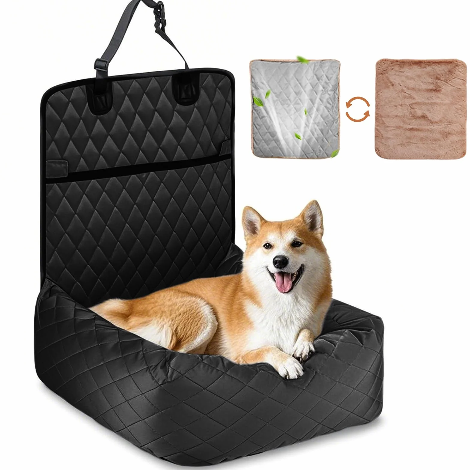 HAPPY HACHI Legowisko dla psa Pokrowiec na fotel samochodowy Pet Car Booster Seat 2 w 1 Front Back Protector Pet Lookout Przenośny fotelik samochodowy Travel Carrier z grubą budą i paskiem bezpieczeństwa