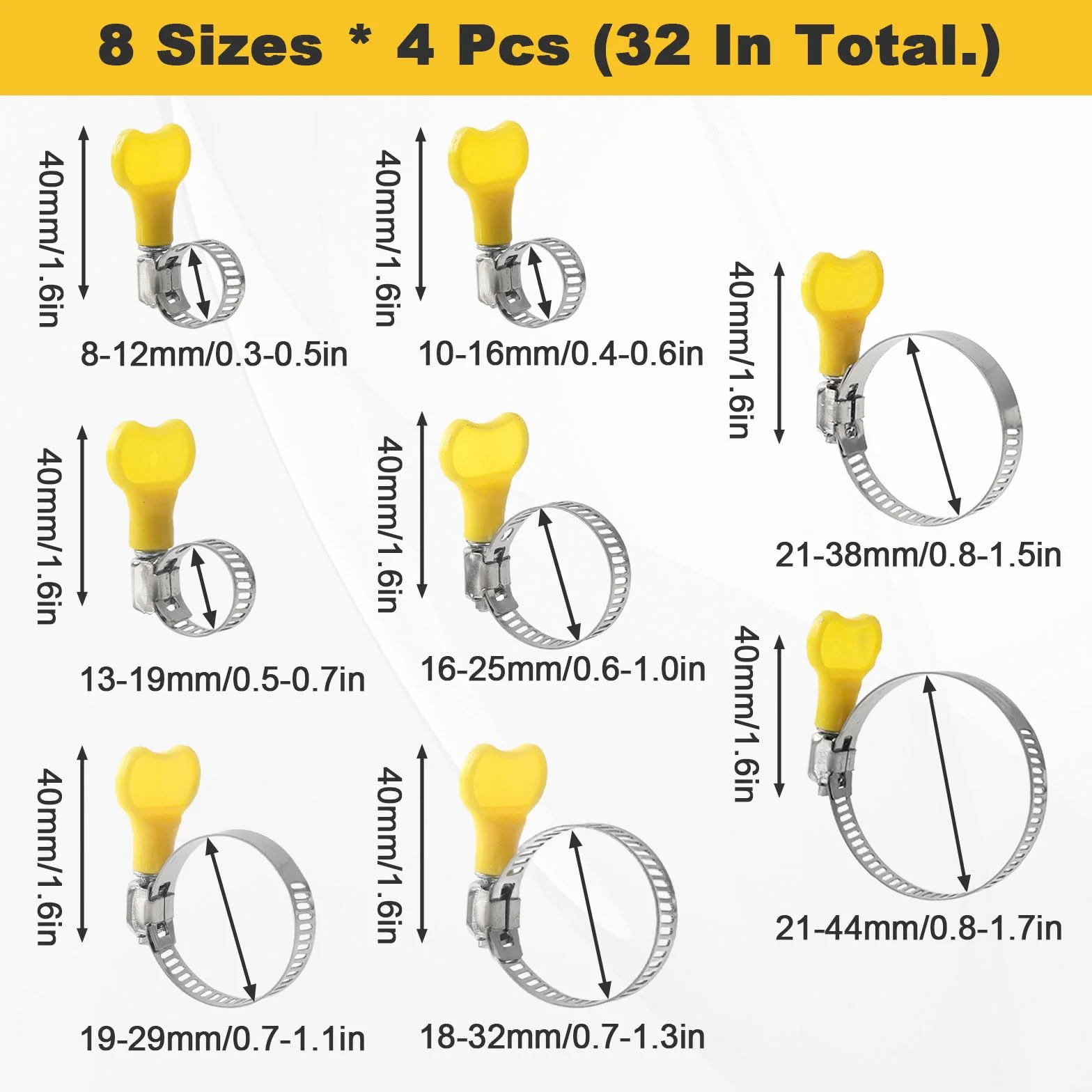 Obejmy do węża ze stali nierdzewnej 32 szt. 6 rozmiarów 8-44 mm