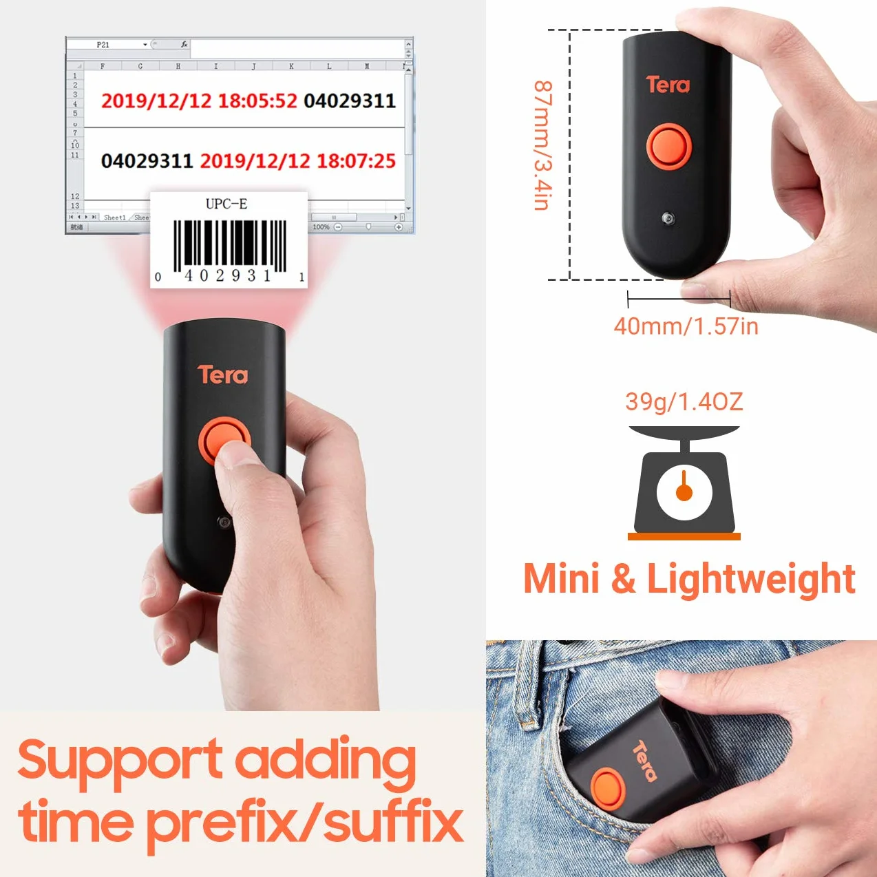 Tera Mini przenośny skaner kodów kreskowych CMOS skaner kodów kreskowych 3 w 1, Bluetooth, kabel USB, bezprzewodowy 2,4 G, do kodów kreskowych 1D 2D QR na papierze i wyświetlaczu, 1100D