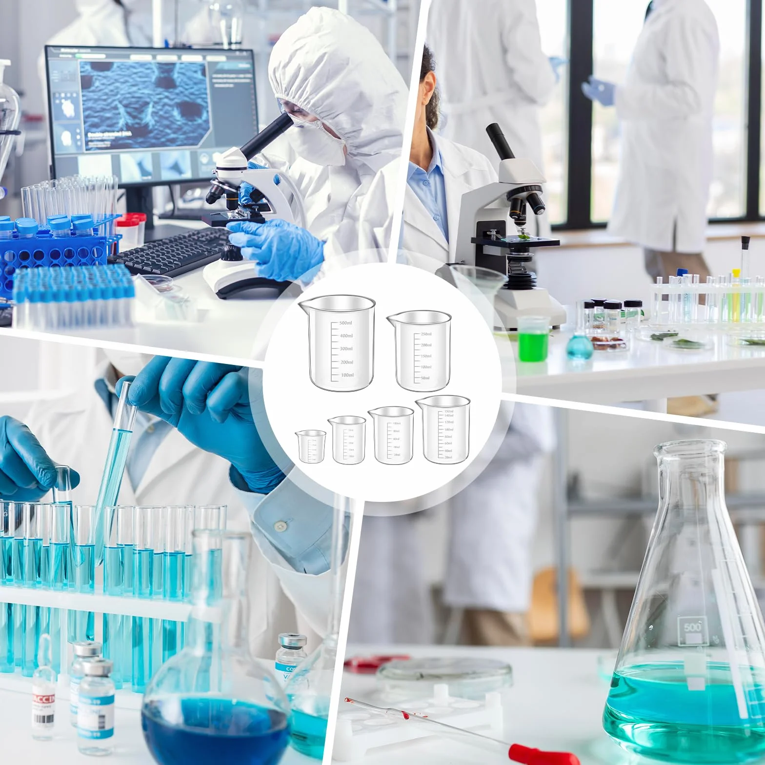 Zestaw 6 kubków miarowych Measuring Cups, kubki miarowe 25ml 50ml 100ml 150ml 250ml 500ml, precyzyjne odporne na wysokie temperatury z tworzywa sztucznego kubki miarowe ml ze skalą, do laboratorium