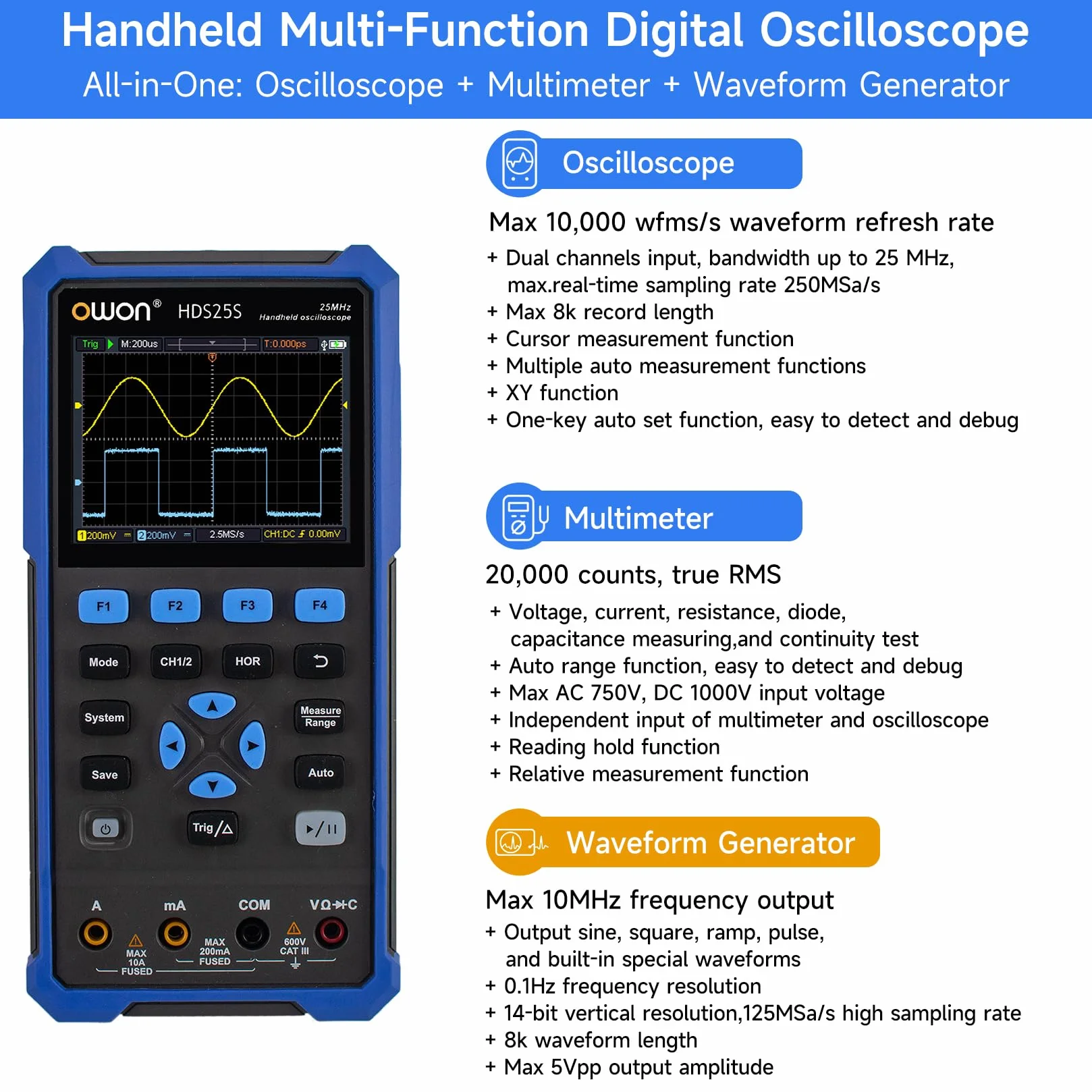 OWON HDS25S 3 w 1 cyfrowy oscyloskop 25 MHz 2-kanałowy generator przebiegów multimetr 20 000 zliczeń LCD USB-C