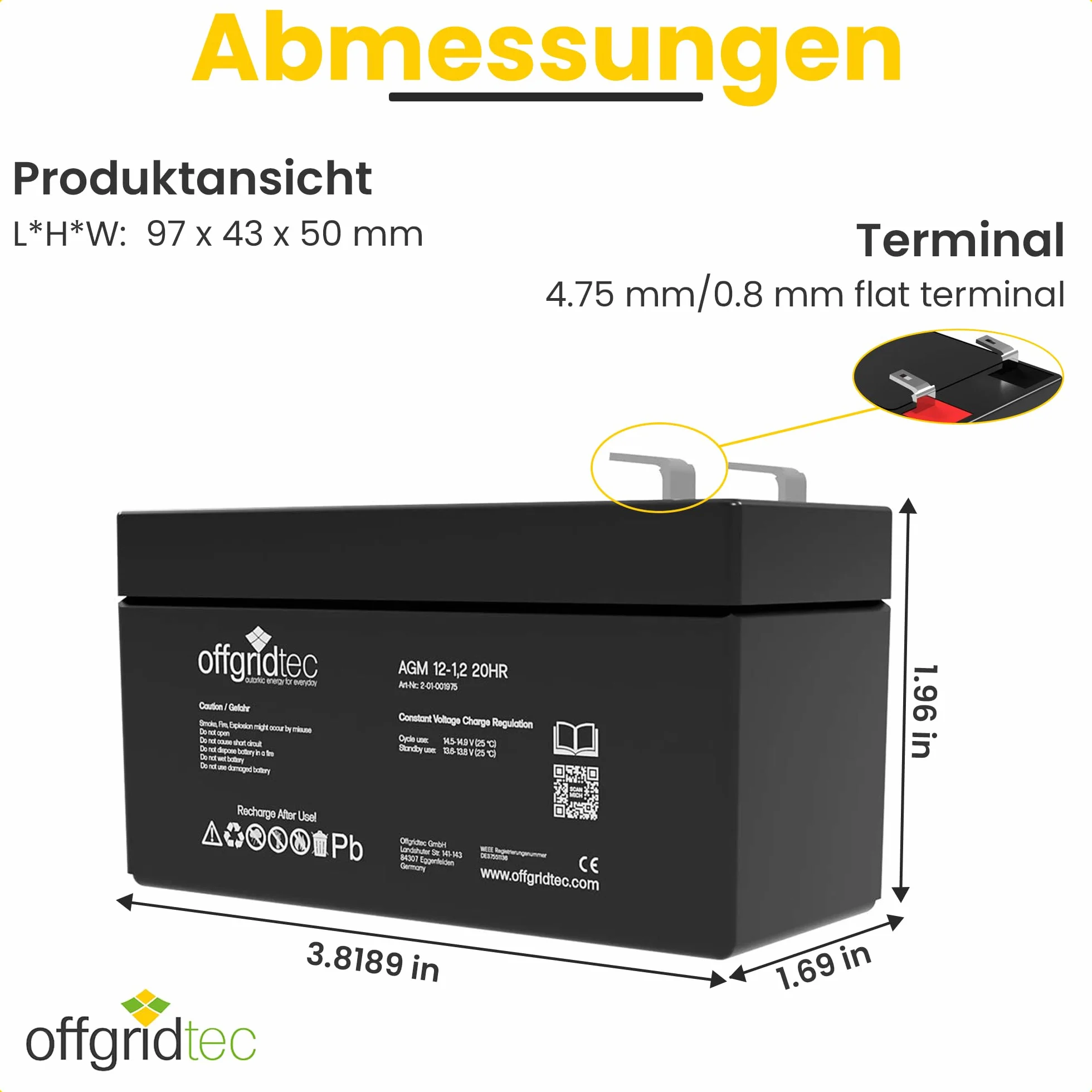 Offgridtec® Akumulator ołowiowy AGM 1,2 Ah 12 V, odporny na cykle UV, zamiennik akumulatora VRLA