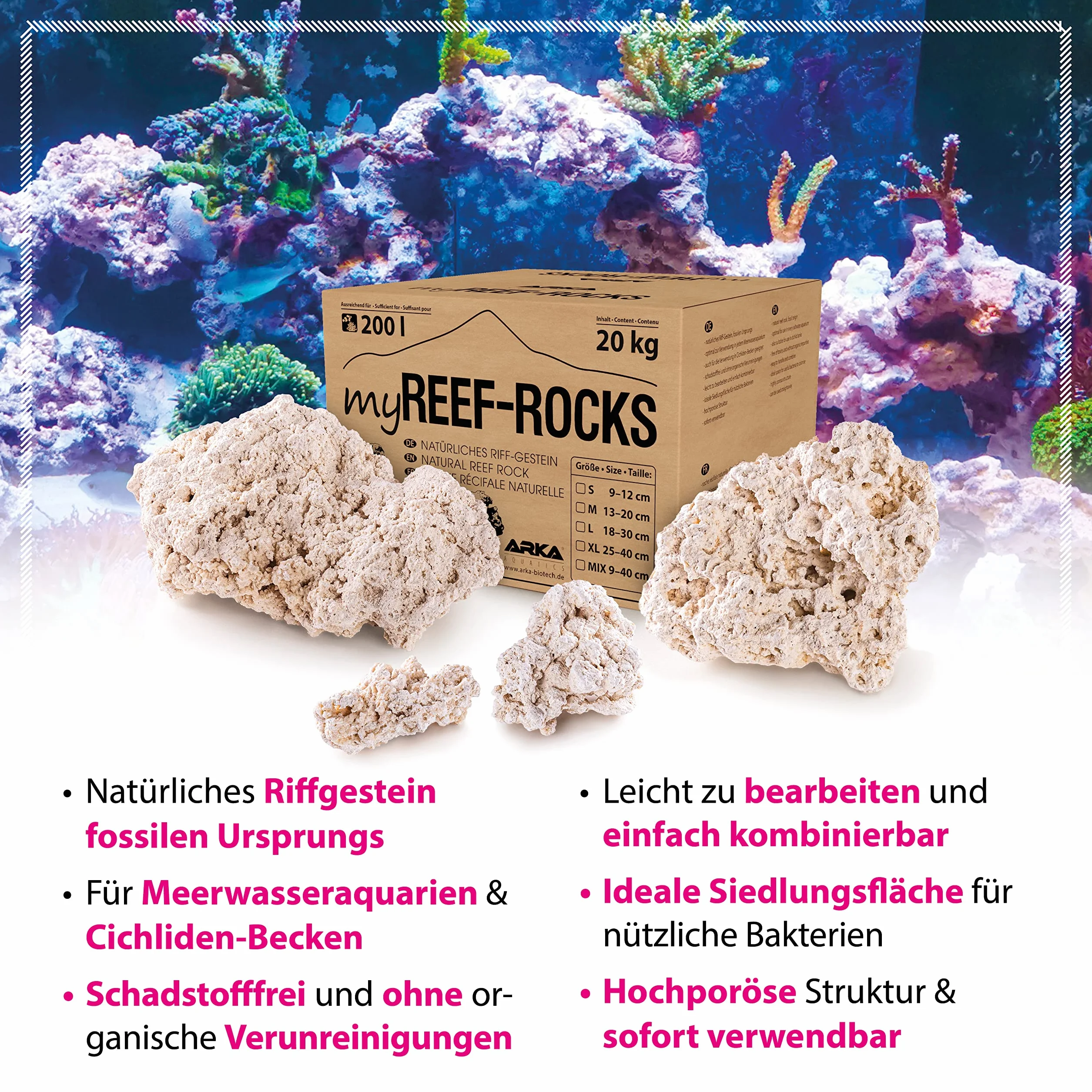ARKA Aquatics MRROSMD myReef-Rocks – naturalny kamień rafowy, nadaje się również do akwariów Cichliden, wysoka porowość, bez substancji szkodliwych, 20 kg, M