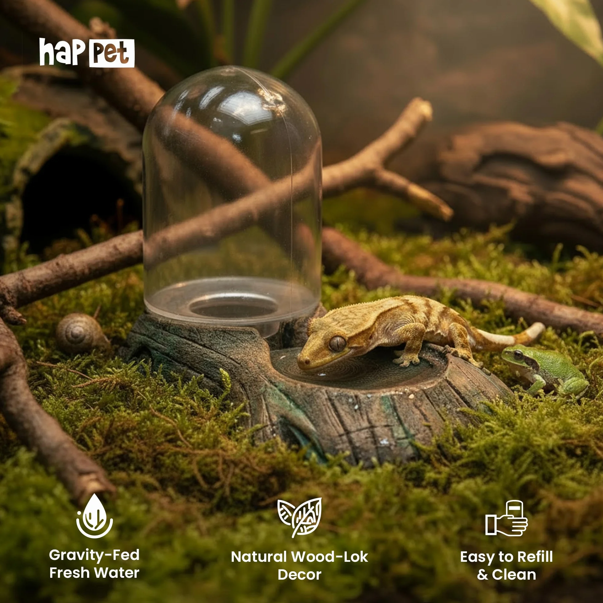 HAPPET Ozdoba Terrarium Poidło 16 cm – Automatyczne Poidło Dla Gadów I Płazów | Stylizowane Na Drewno | Stały Dopływ Wody | Praktyczne I Dekoracyjne Uzupełnienie Terrarium