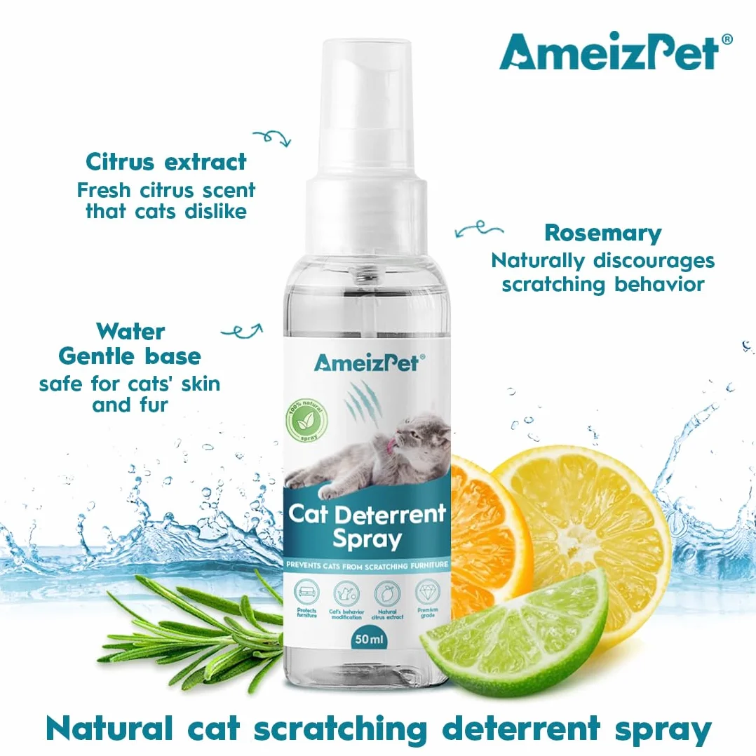 AmeizPet Spray Odstraszający Koty Przed Drapaniem, Spray Odstraszający Koty, Zapobiega Drapaniu Mebli, Dywanów, Zasłon I Roślin, Do Użytku Wewnątrz I Na Zewnątrz, 50 ml (1.69 oz)