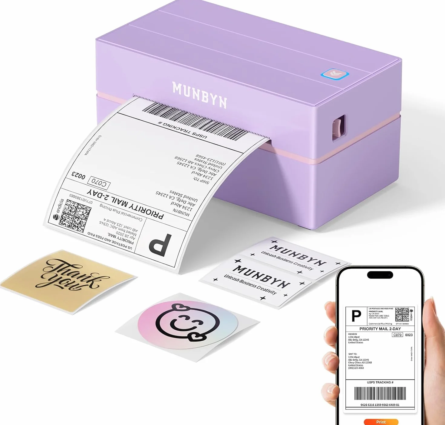 Drukarka Etykiet MUNBYN DHL (Bluetooth), Drukarka Etykiet Wysyłkowych 4x6, Termiczna Drukarka Etykiet dla Shopify, Zalando, Allegro, Etsy, DPD, UPS, w Zestawie 25 Etykiet, ITPP130B (Fioletowa)