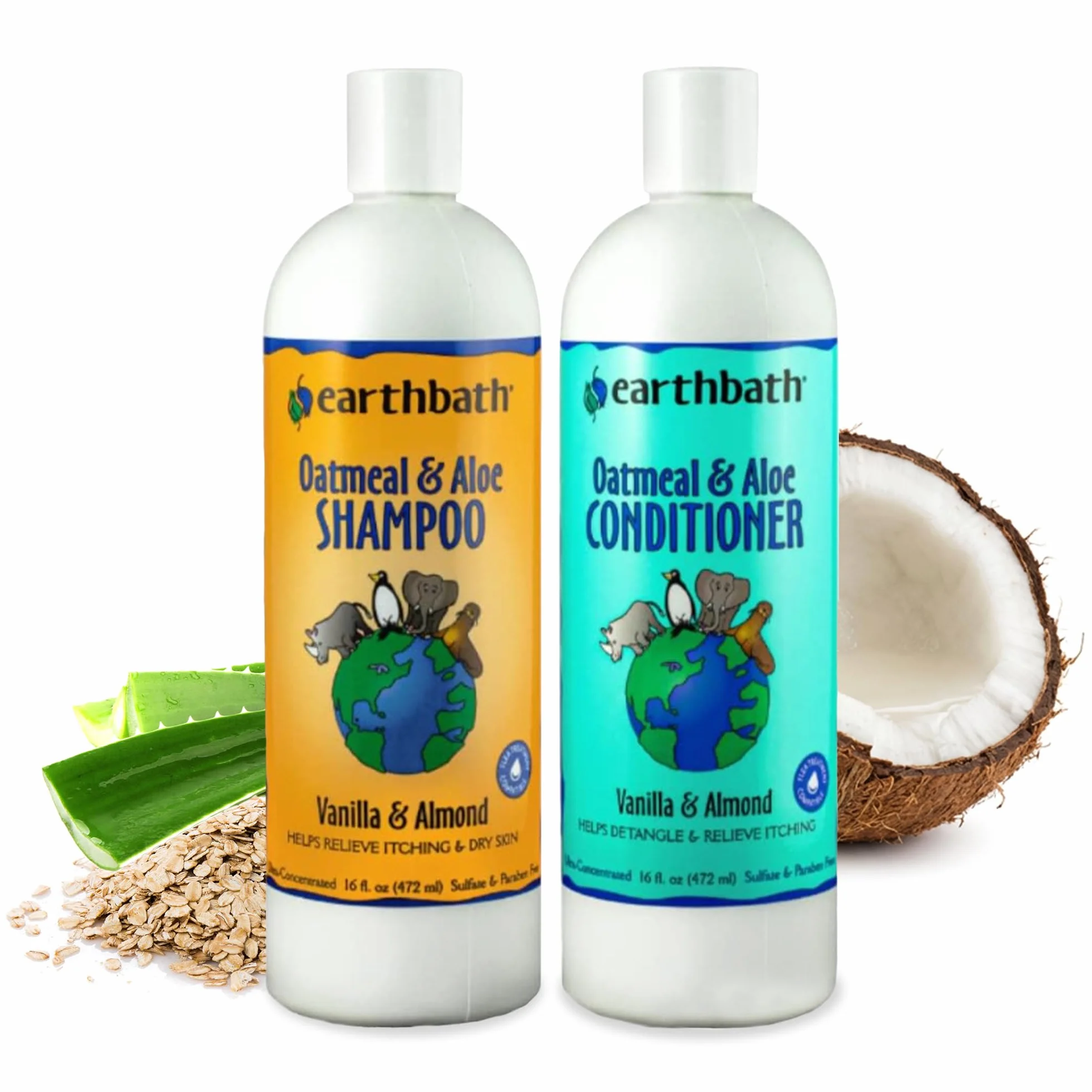 Earthbath Zestaw szampon i odżywka z owsianką i aloesem dla zwierząt domowych - swędzący, suchy ulga, wyprodukowany w USA, Vanilla Almond, 16 uncji (1 zestaw)