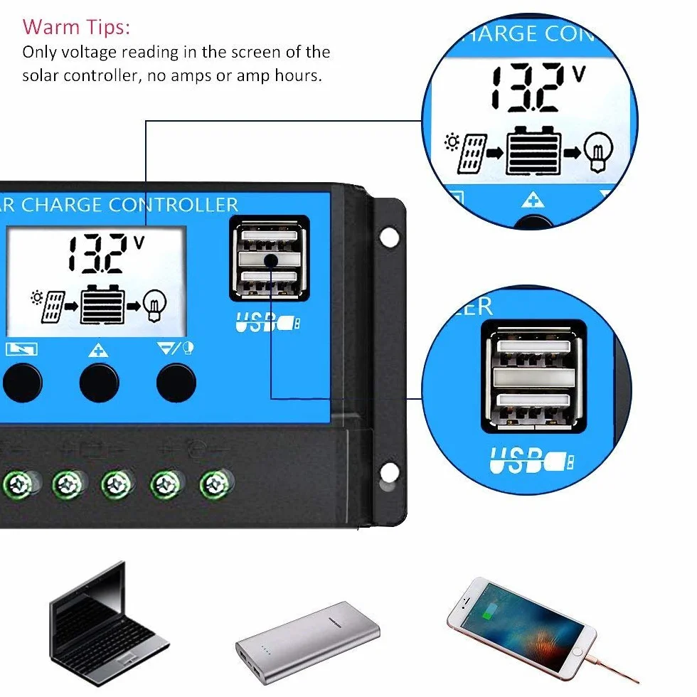 Y&H Automatyczny kontroler ładowania słonecznego PWM LCD 20 A 12 V 24 V Dual USB