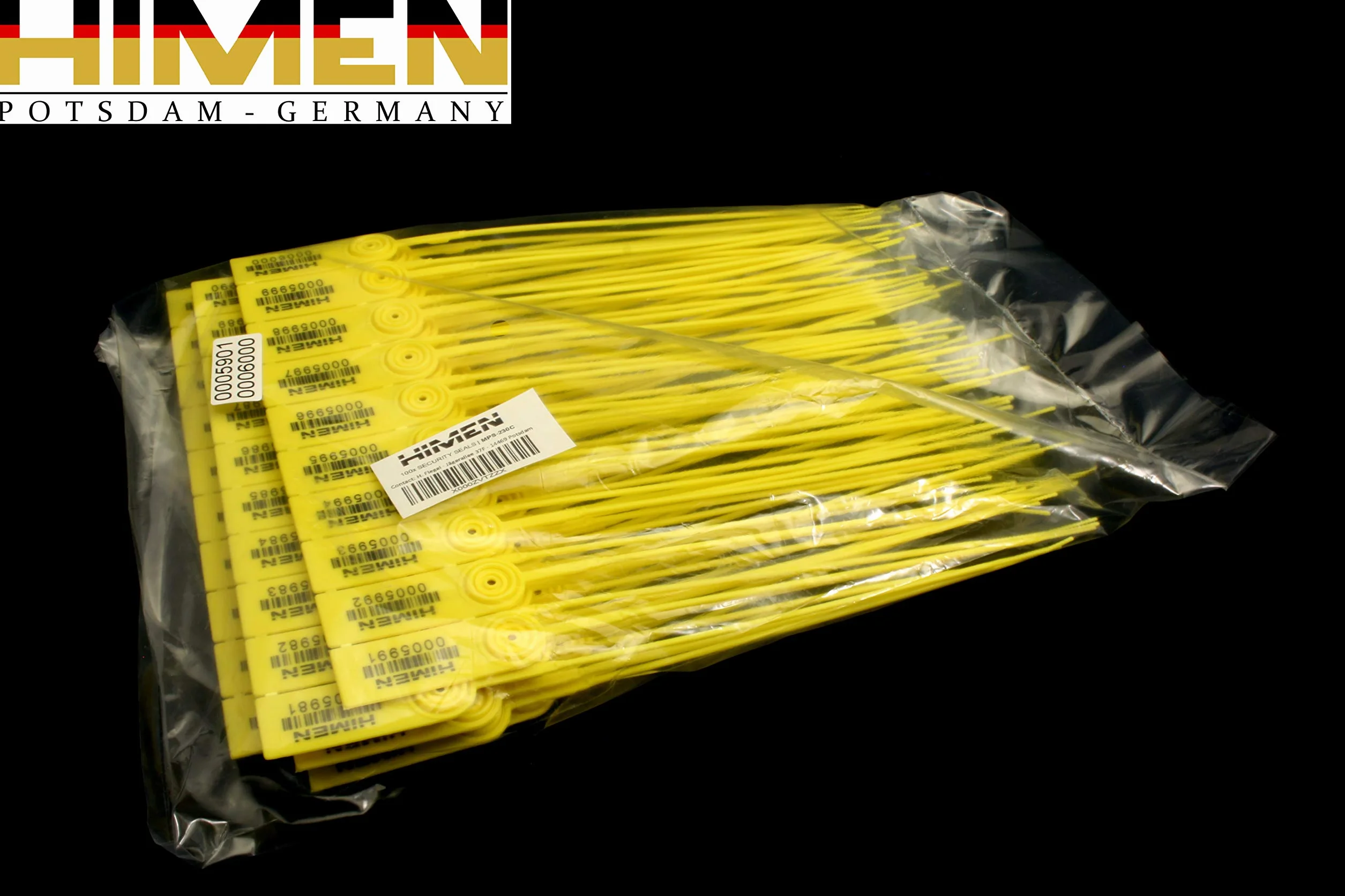 100 plomb zabezpieczających z metalową wkładką firmy HIMEN | kolejno ponumerowane | z kodem kreskowym | długość 230 mm | MPS-230C | zapięcie | żółty