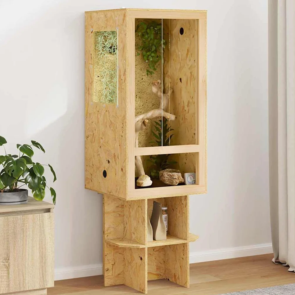 Terrarium Kwadratowy OSB brązowy 50x50x150 cm z przesuwnymi drzwiami ze szkła hartowanego i wbudowanymi półkami dla gadów lub gryzoni