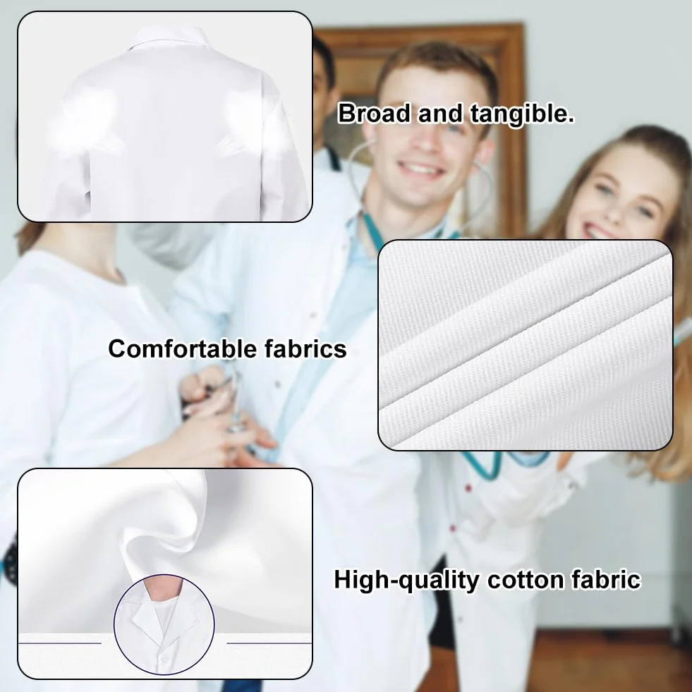 Fartuch laboratoryjny dla mężczyzn i kobiet, fartuszek lekarski, fartuch laboratoryjny, biały, bawełniany fartuch lekarski, z guzikami i 3 kieszeniami, do szkoły, unisex, do laboratorium, nauki, pracy