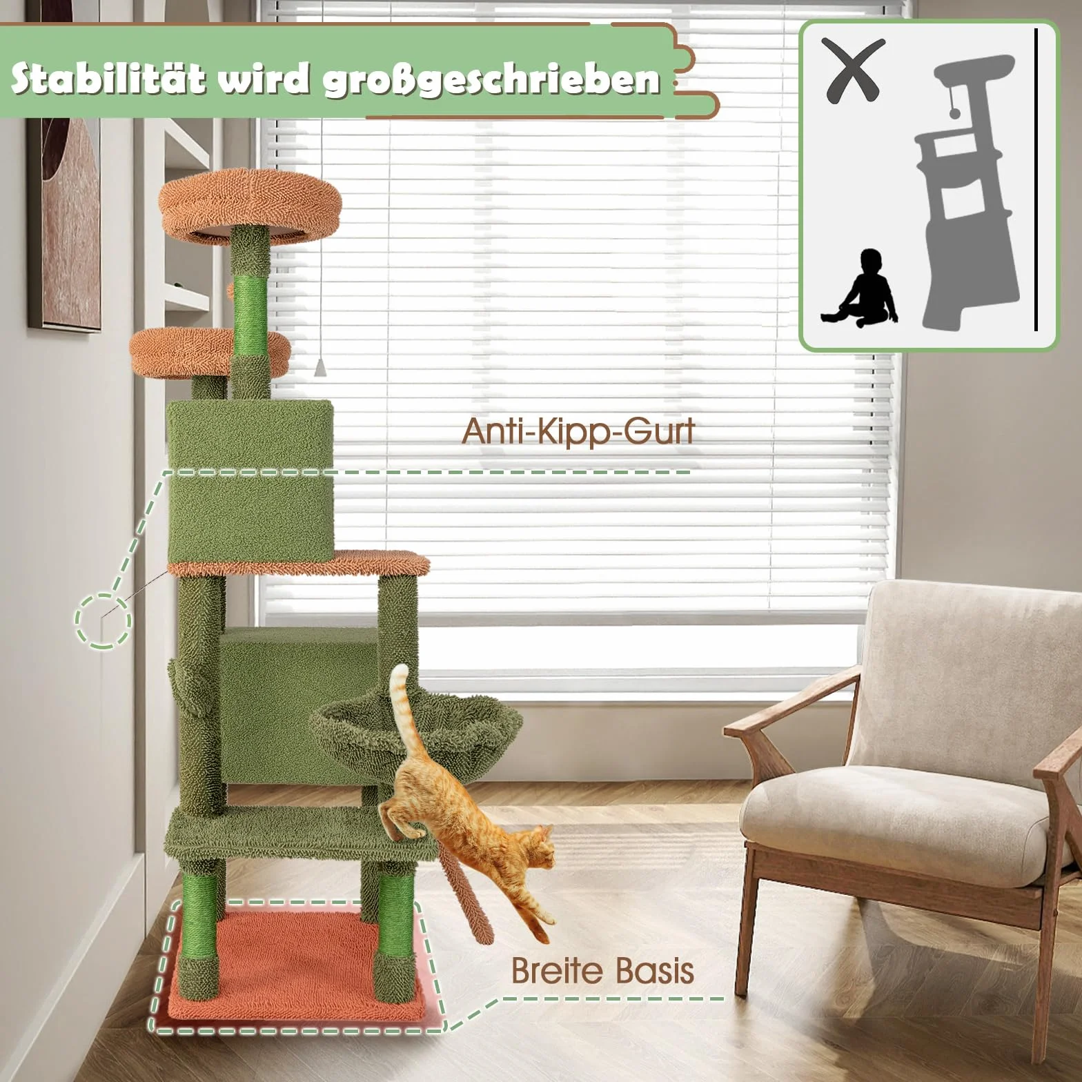 COSTWAY Drapak dla Kota z Platformami, Zabawka, Słupek Sizalowy, Drabina, Kosz i 2 Legowiska, Wieża dla Kotów, Drewno Zielono-Brązowe (Wysokość 160 cm)