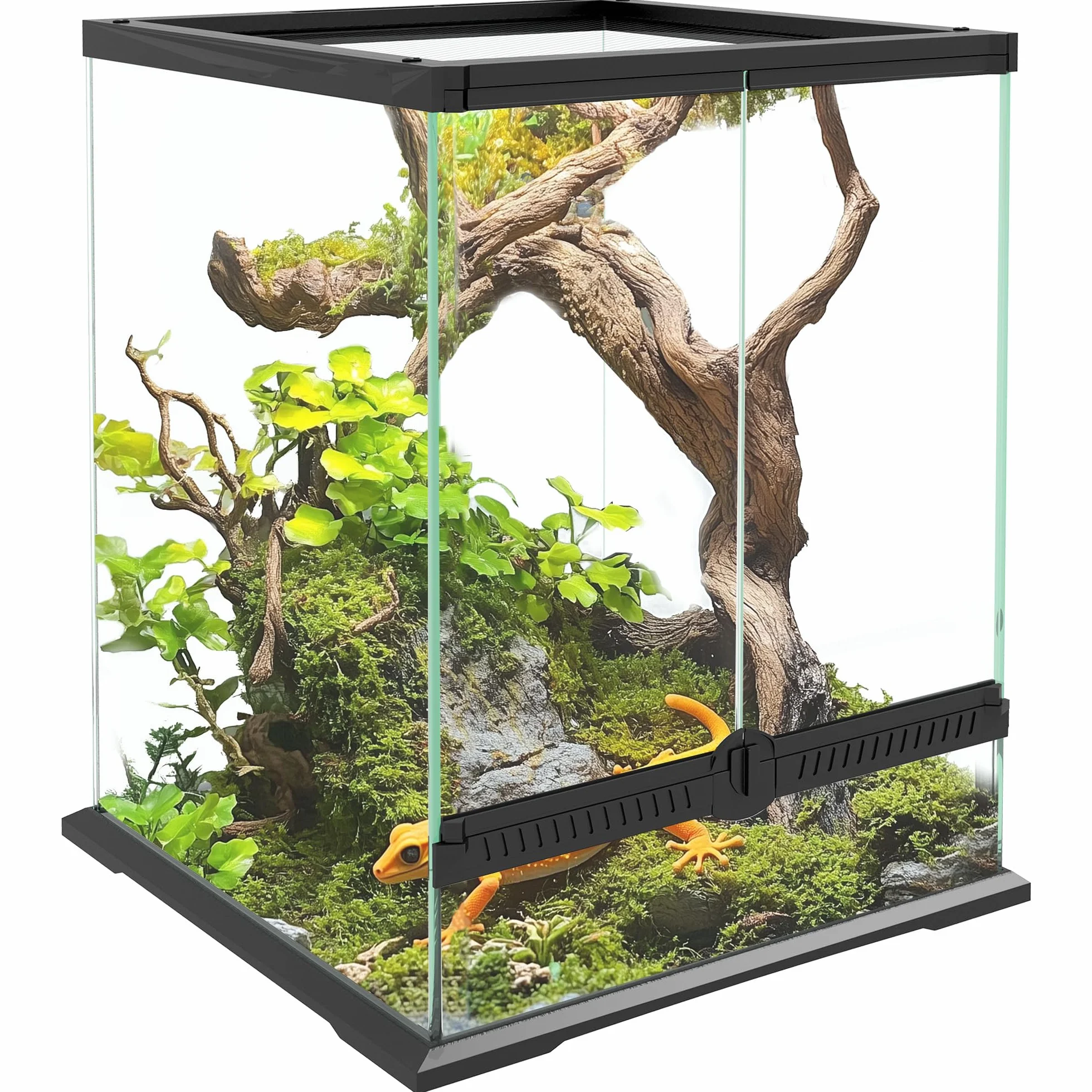 PawHut Terrarium dla gadów, pojemnik na karmienie gadów, z zabezpieczeniem przed ucieczką, wentylacja 120 l, szklane sterrarium z zarządzaniem kablami, dla płazów, metalowe, czarne, 45 x 45 x 60 cm
