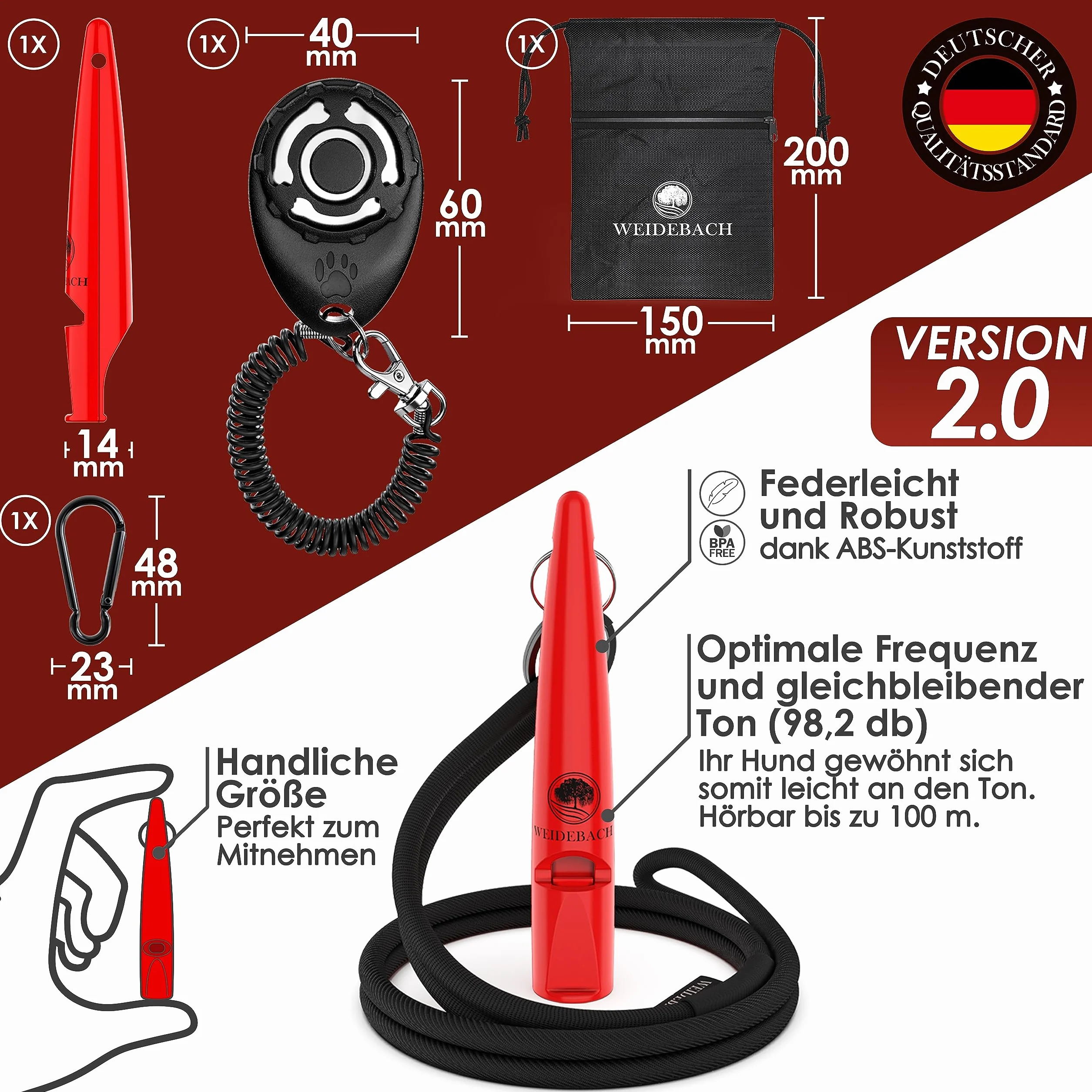 Weidebach® Gwizdek dla psa z głośnym i stałym dźwiękiem, do treningu z psem, znormalizowana częstotliwość, przyjemna taśma i ustnik, w zestawie e-book + woreczek na smakołyki do udanego treningu