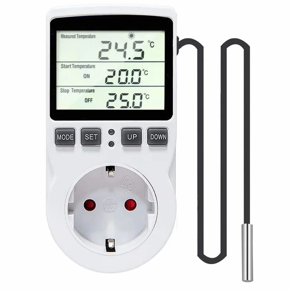 Foreverup Cyfrowy Termostat Wtyczka 230V, Regulator Temperatury z Sondą do Inkubatora Cieplarnianego Akwarium Gad