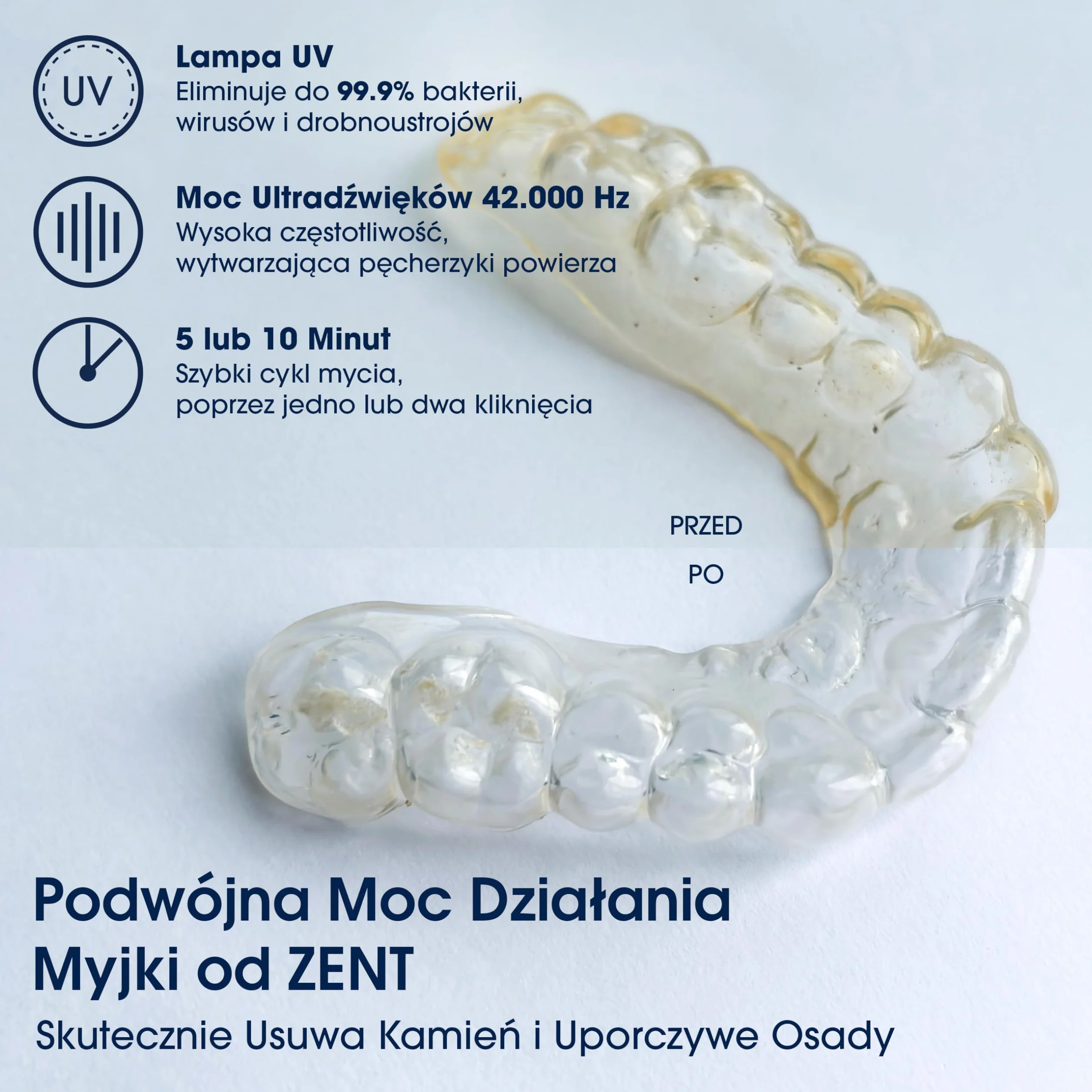 ZENT Ultrasonic Cleaner 42 kHz Kompaktowa Myjka Ultradźwiękowa, Dezynfekcja lampą UV, do Protez stomatologicznych biżuterii nakładek ortodontycznych, Szybkie czyszczenie - tylko 5 minut, 0.2l, Biała