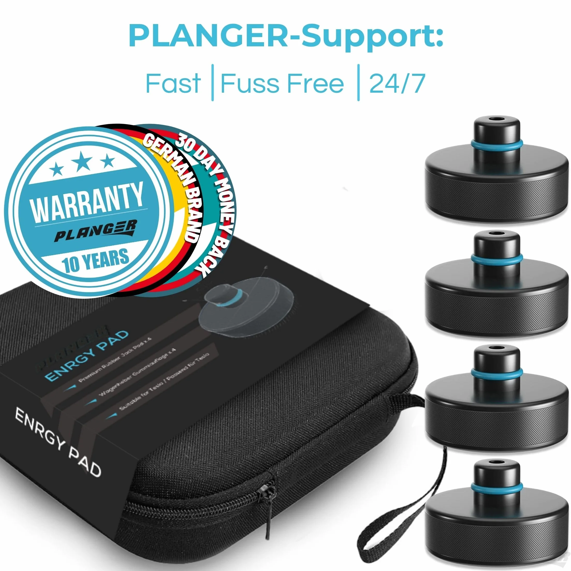 PLANGER® Tesla klocki do podnośnika płaskiego, 4 x ENRGY PAD (model 3, model S, model Y, model X), 10 lat , nietłukące 3T