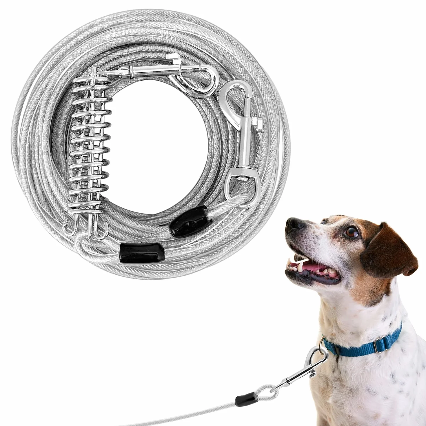 QWORK® Kabel do wiązania dla psa ze sprężyną i haczykiem, wytrzymały łańcuszek dla psa 5 mm, bez plątania 360°, amortyzujący wstrząsy, do biegania, na kemping